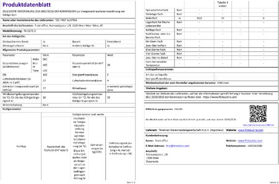 Producten-datablad van een minikoelkast.