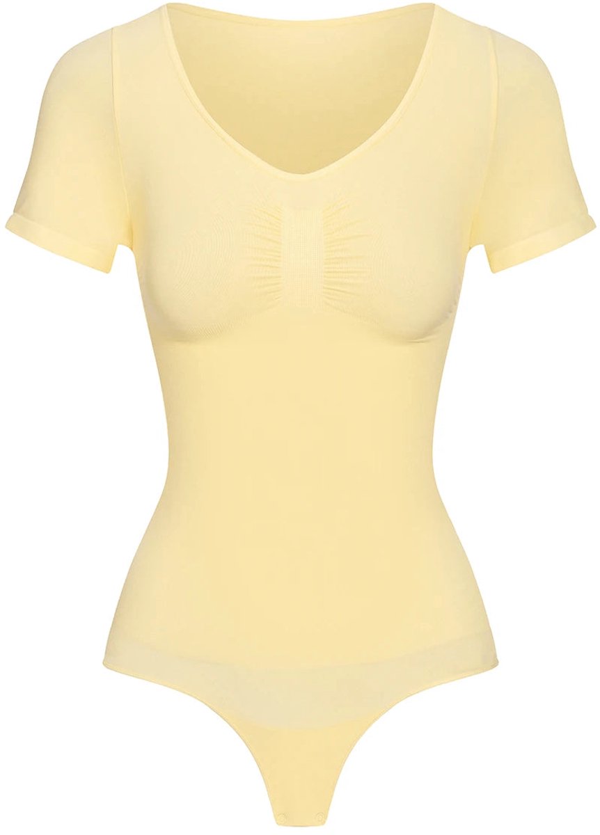 creamyfabrics Creamy Fabrics - T-Shirt Sculpting Shapewear Bodysuit Met String - Anti-Zweet - Ultra Zacht - Comfortabel - Sculptend - Perfecte Pasvorm - Babygeel -