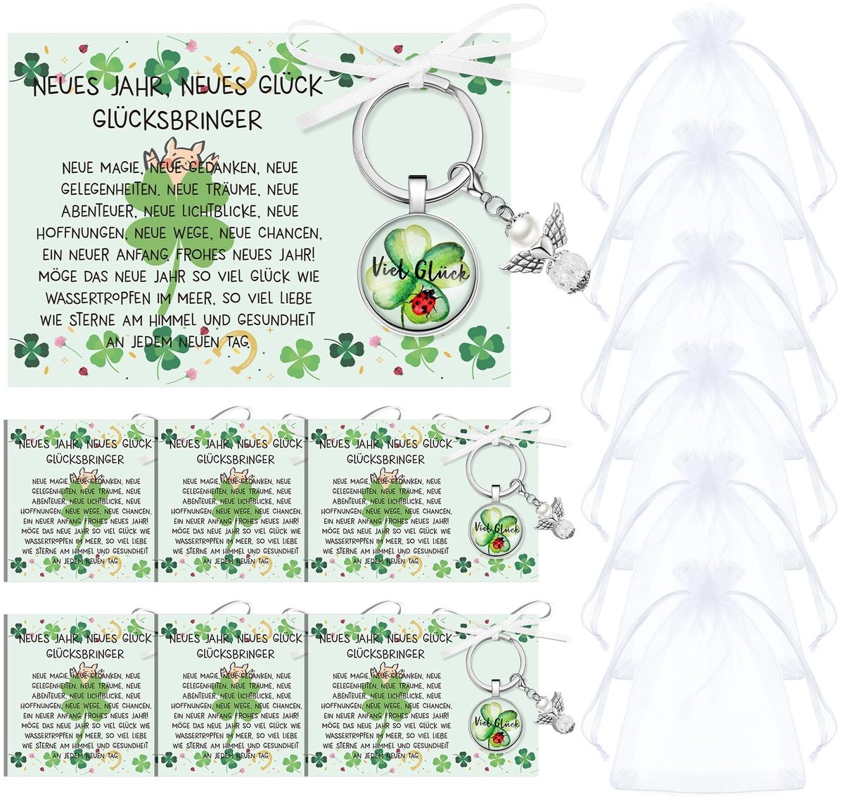 Dailygoods- Geluksbrengers Set van 16 - Sleutelhangers/Klavertje Vier - Nieuwjaarskaarten - Organza Zakjes - Lint 20 m - Hoogwaardige Materialen - Gelukscadeaus