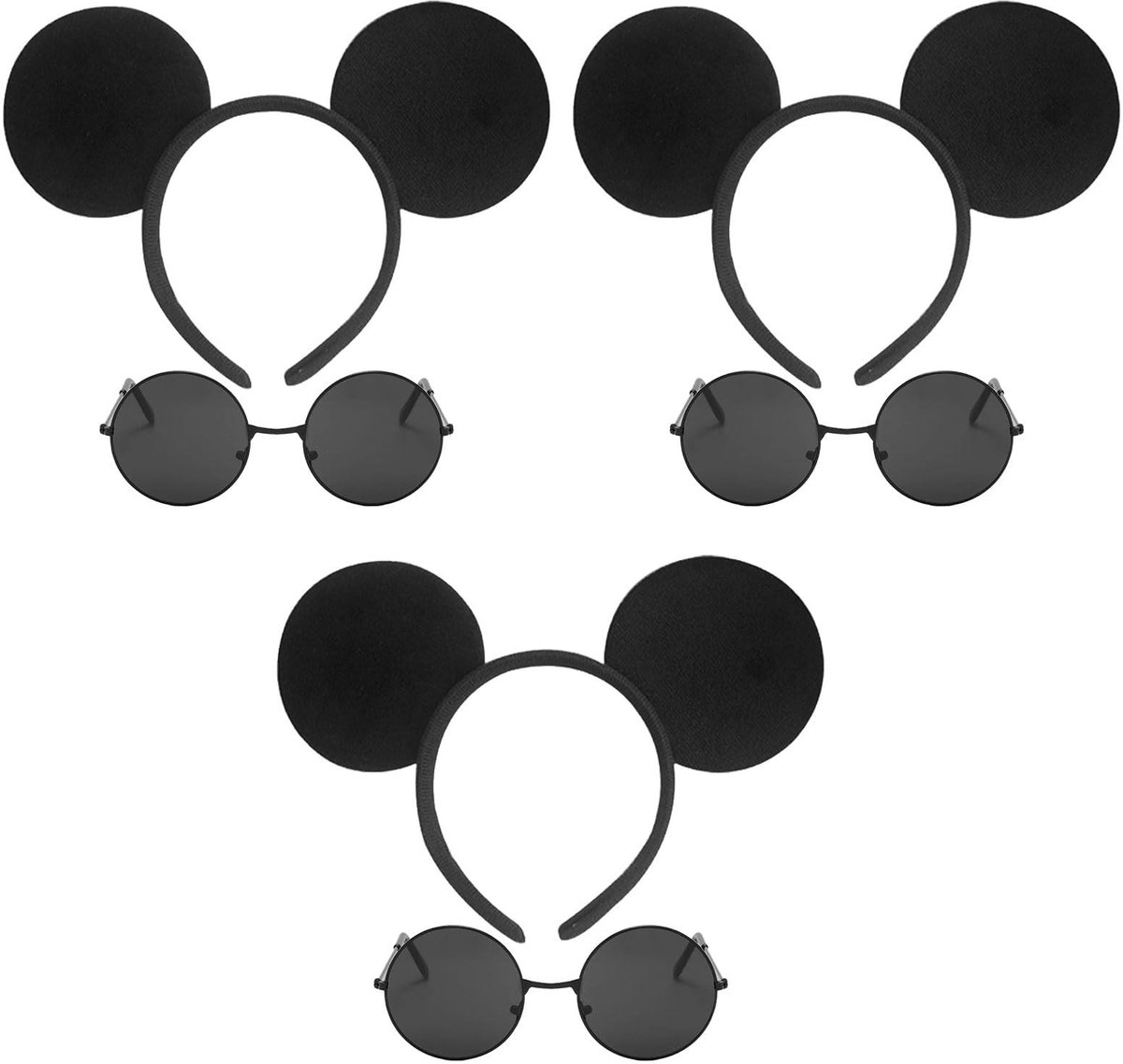 Dailygoods- Mickey Mouse-oren met ronde zonnebril - kostuumset voor kinderen/volwassenen - 3 stuks - zwart - lichtgewicht en comfortabel - Dierenhoofddeksel