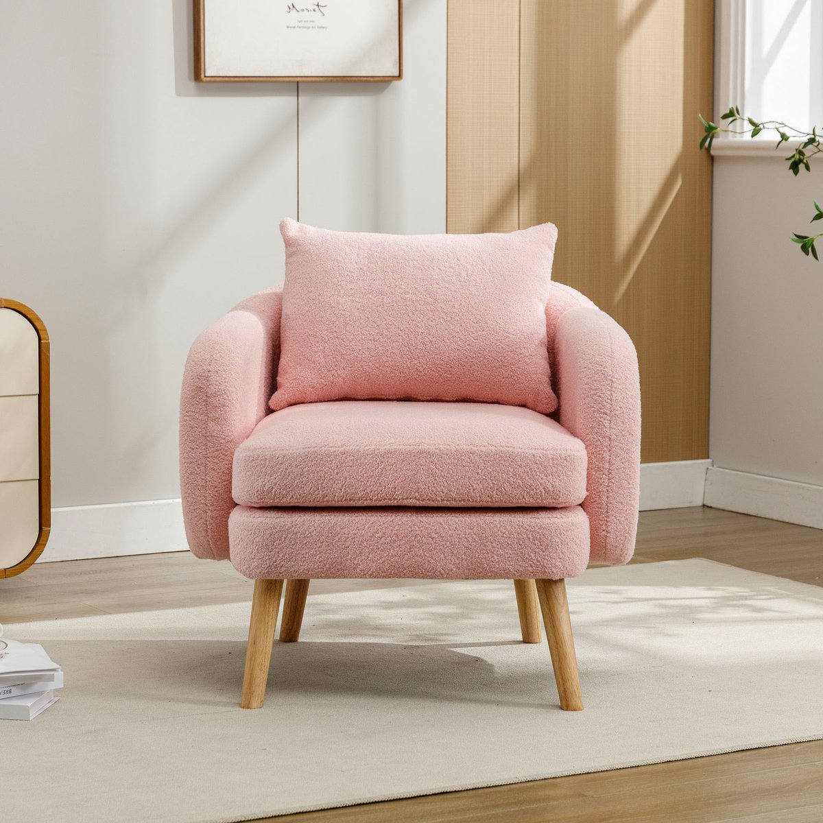 Teddy fauteuil met los rugkussen - 1-persoons relaxstoel - 71x72x71 cm - wit, beige, roze, grijs - 14 cm dik afneembaar zitkussen - massief houten poten - draagvermogen 150 kg