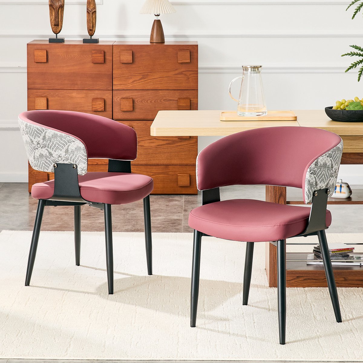 Clruro Eetkamerstoel - 2 Stuks - Mid-Century Modern Retro Stoel - Tonvormige Armleuningen Geklede Rugleuning - Kunstleer - Zwart Rood