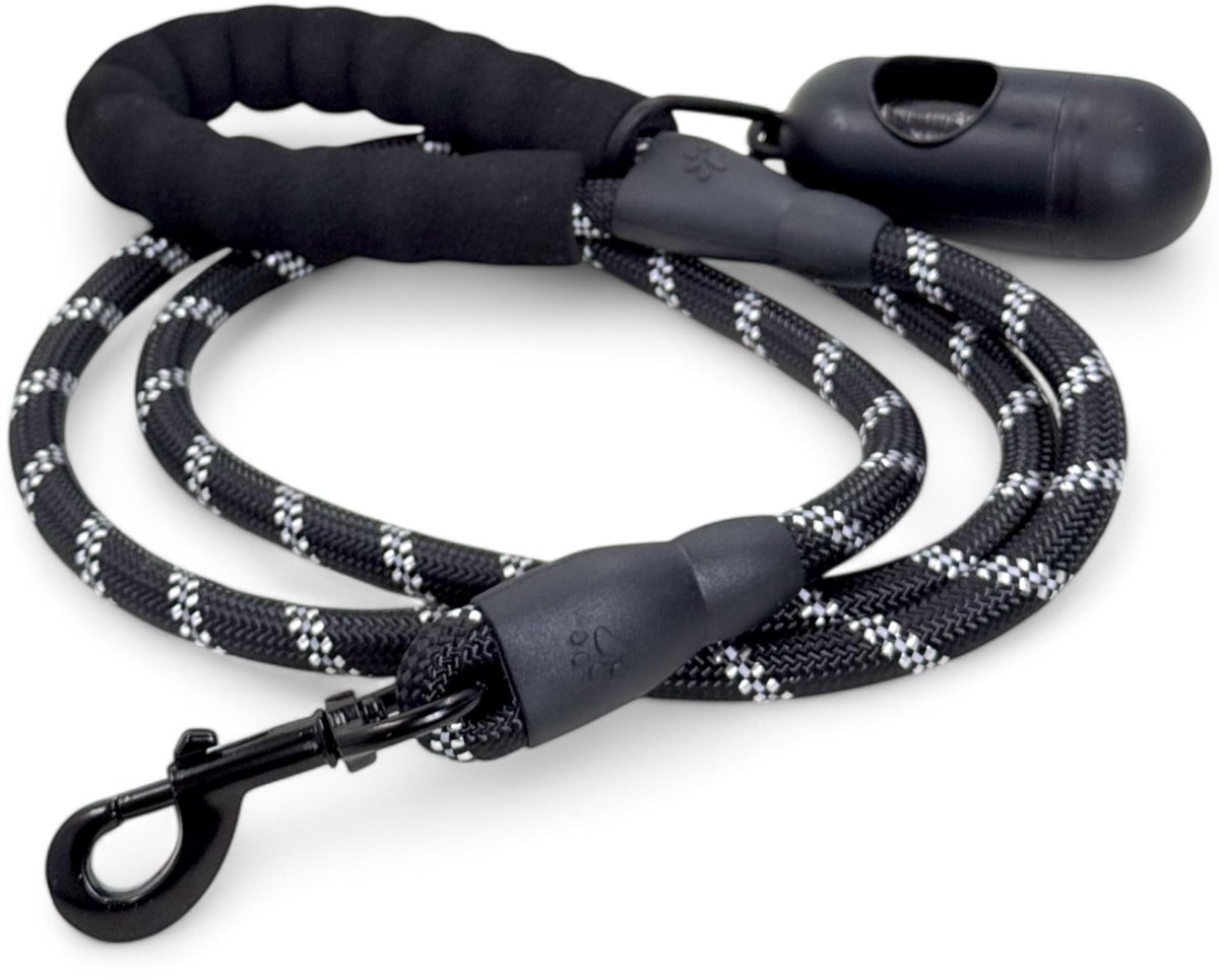 Dailygoods- Hondenriem 1,5 m - Robuuste Leiband - Reflecterende Strepen - Gevoerde Polsband - Siliconen Versterking - Poepzakhouder - Hondenlijn
