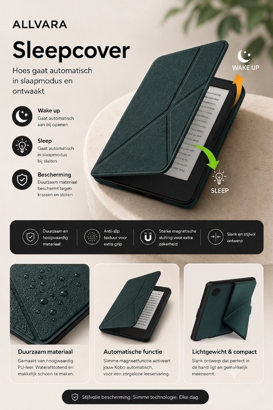 Allvara® Ereader hoes - Kobo Clara BW - Multifunctioneel - Ingebouwde standaard Trifold - Wake/Sleep Cover - 360° Bescherming - Groen — afbeelding 4