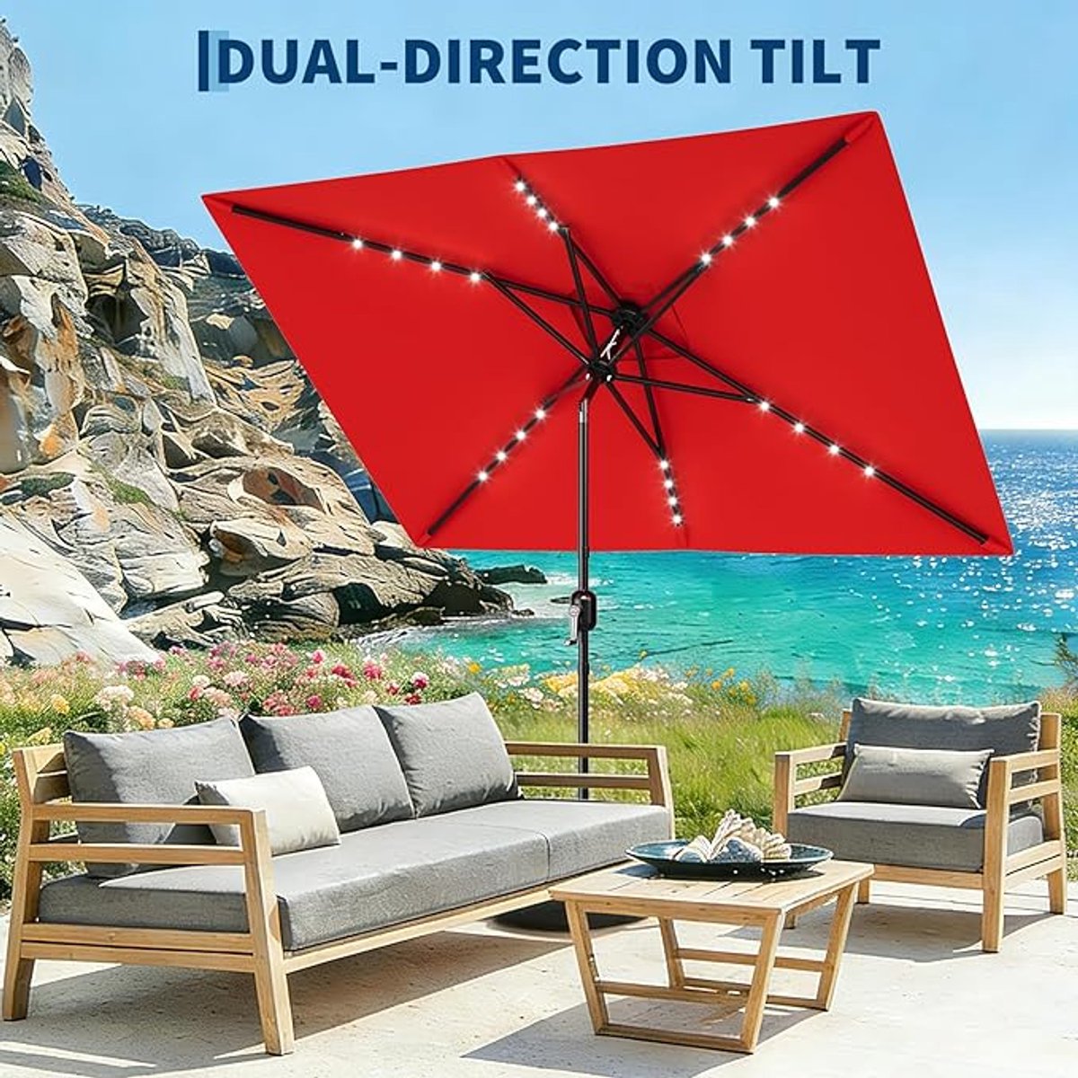 Rechthoekige parasol op zonne-energie (3 x 2 m) met ledverlichting – UV-bescherming, kleurvast, waterdicht, geperforeerde parasolkap, slingermechanisme, kantelbaar met drukknop – Zonnescherm voor terras, zwembad, tuin en gazon