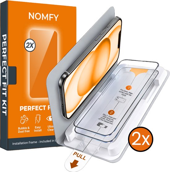 Kit Nomfy Perfect Fit 2x protecteur d'écran avec cadre d'installation pour iPhone 15.