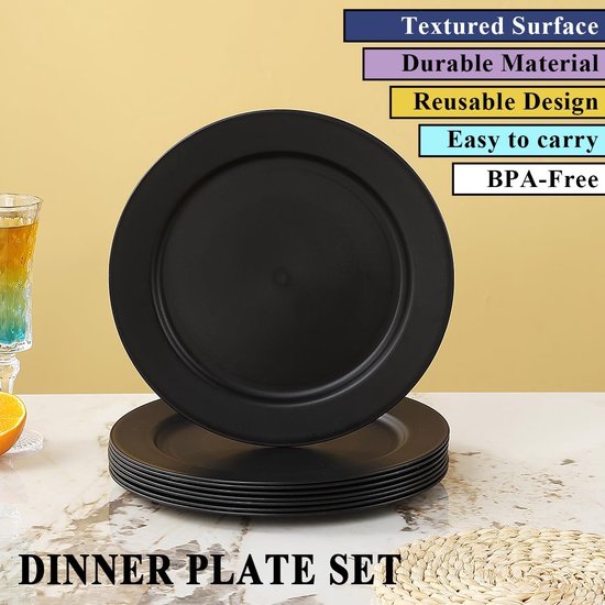Zwarte Servies Set - Kunststof Borden - 8 Stuks 25 cm - Onbreekbaar en Vaatwasmachinebestendig - Voor Picknick Camping en Thuisgebruik - Zwart Design — afbeelding 2