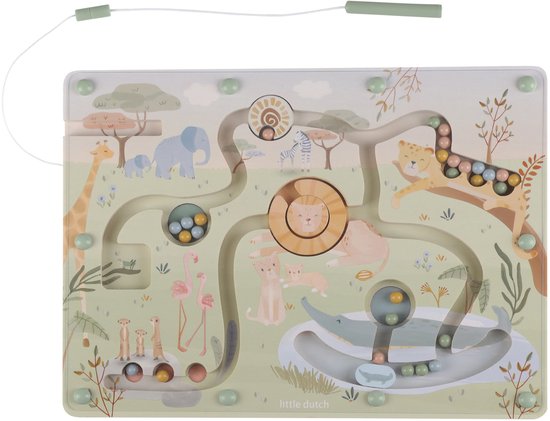 Magnetisch doolhof met safari dieren. Het doolhof is lichtgroen met afbeeldingen van een leeuw, olifant, giraf, zebra, flamingo's en stokstaartjes.