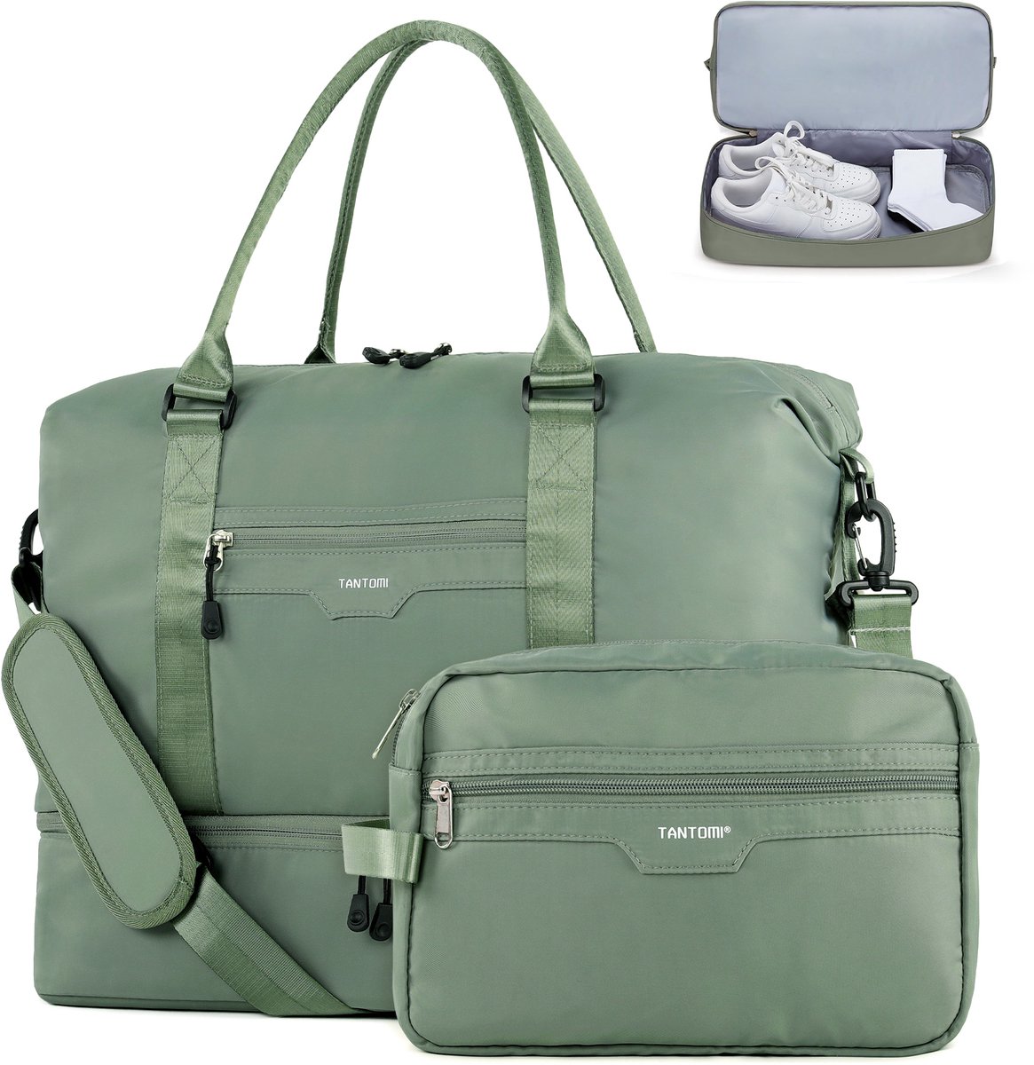 TANTOMI - Reistas Handbagage - 46x23x32cm - voor Dames en Heren - met Schoenenvak & Toilettas - Waterdicht - voor reizen, sport, fitness - Weekendtas - Sporttas - Groen