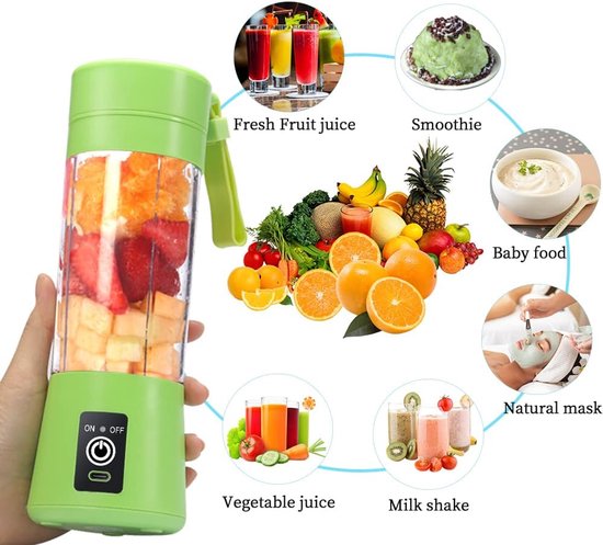 Draagbare Blender - Mini Mixer Smoothie - Gezonde Drankjes Maken - Zes 3D Messen - 380 ml - Groen — afbeelding 4
