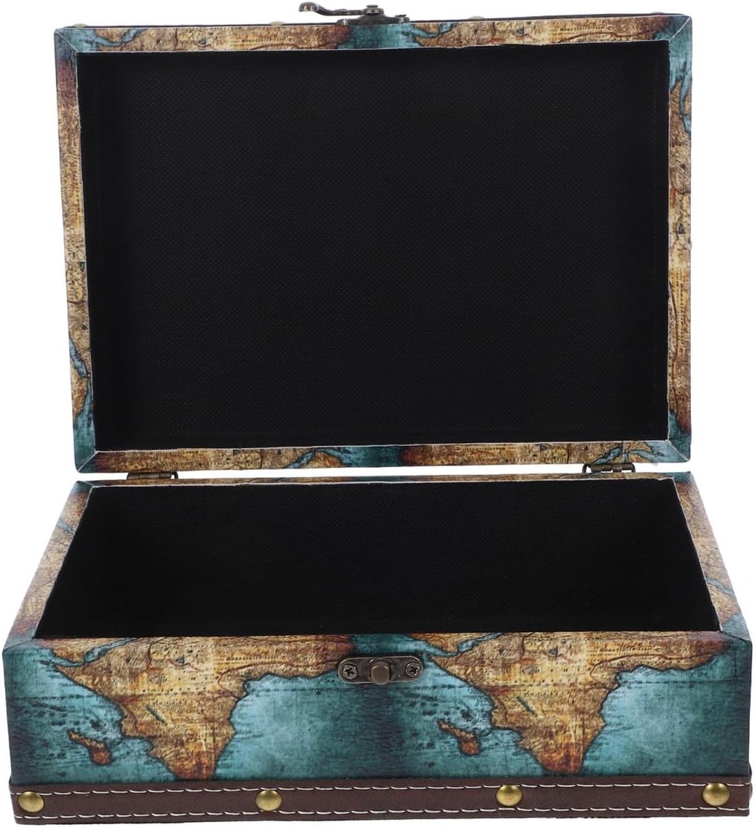 Vintage opbergdoos van hout met antiek wereldkaartpatroon, stofdicht en lederen design, compacte sieraden- en decoratiebox voor retro stijl en slaapkamerorganisatie