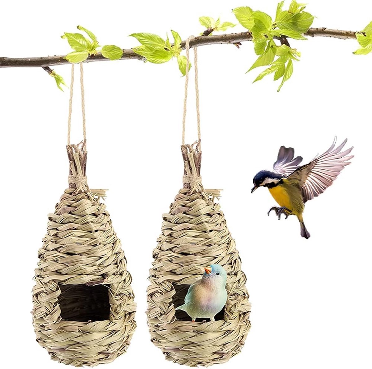 MTTProducts - Vogelhuisjes - Handgeweven Grassen - Duurzaam en Ademend - Bruin - Bescherming voor Vogels - Geschikt voor Kleine Vogels - 2 Stuks