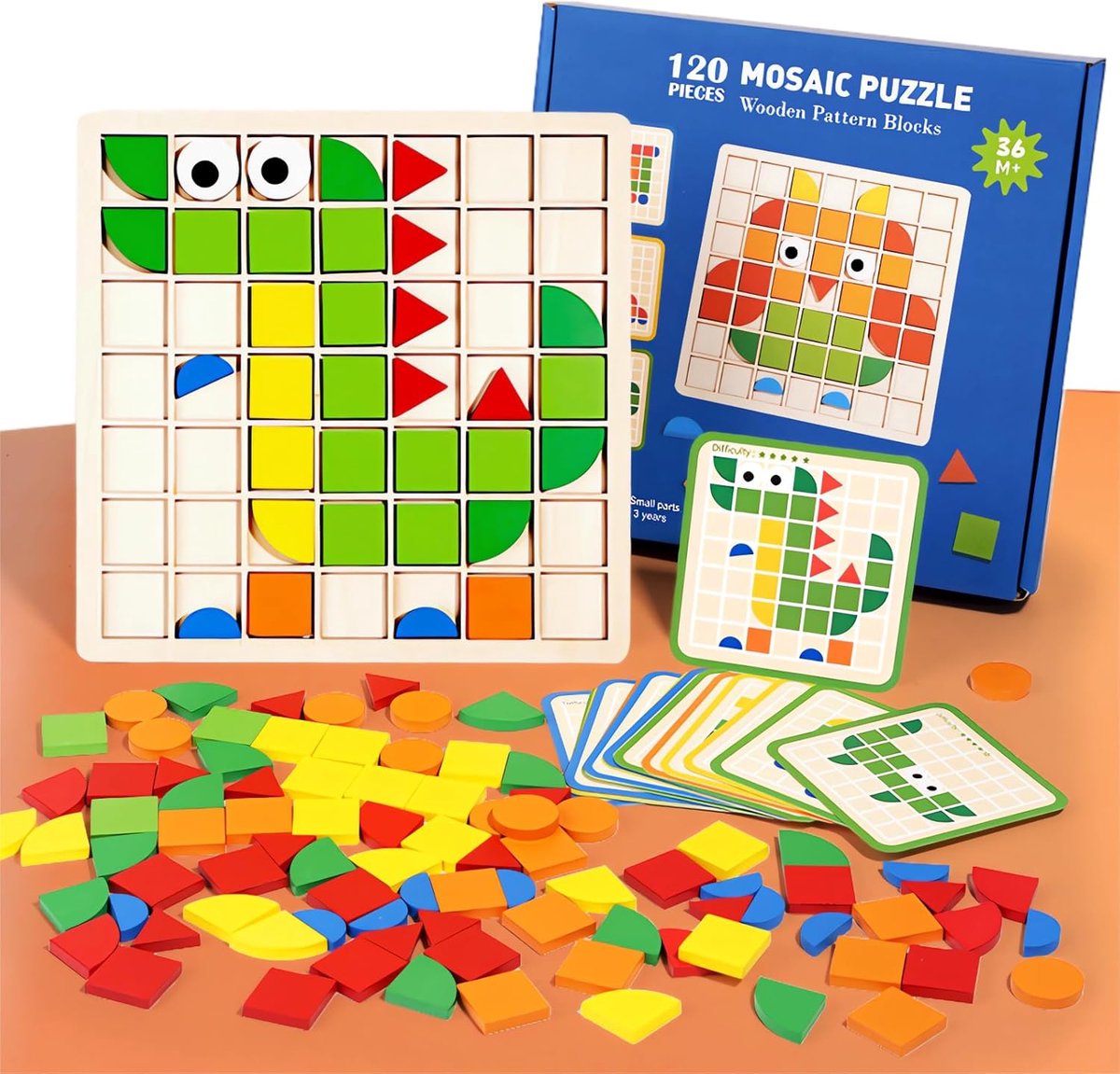 OLOEY Patroonblokken en-borden met 120 gekleurde houten vormblokken en 20 ontwerpkaarten-klassieke geometrische puzzels voor kleuters-geschikt voor meisjes en jongens