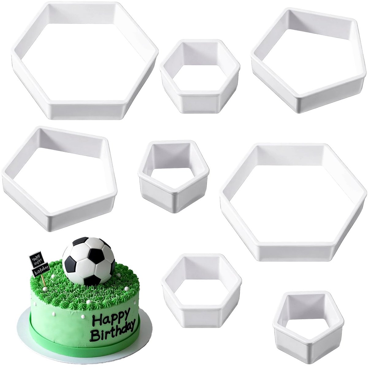 NTHProducts - Voetbal Koekjesuitsteekset - 8 Stuks - Ideaal voor Feestjes - Wit - Bakaccessoires - Perfect voor Sportthema's - Inclusief 4 Maten