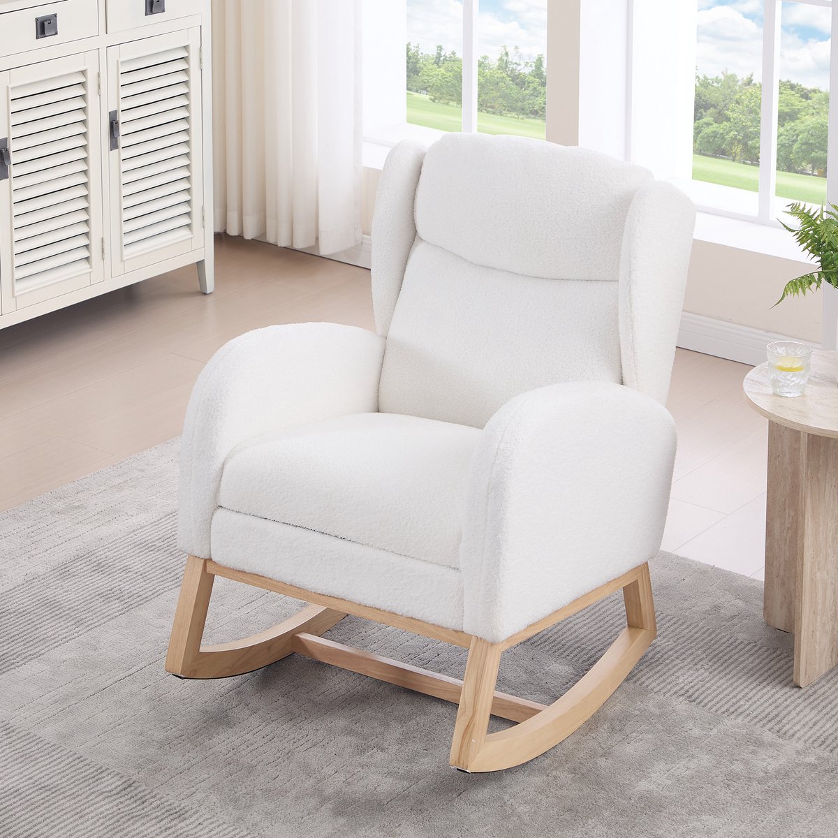 FloraGrace Schommelstoel – Ergonomisch Met Hoge Rugleuning En Voetsteun – Teddy – Voor Woonkamer, Slaapkamer En Babykamer – Wit
