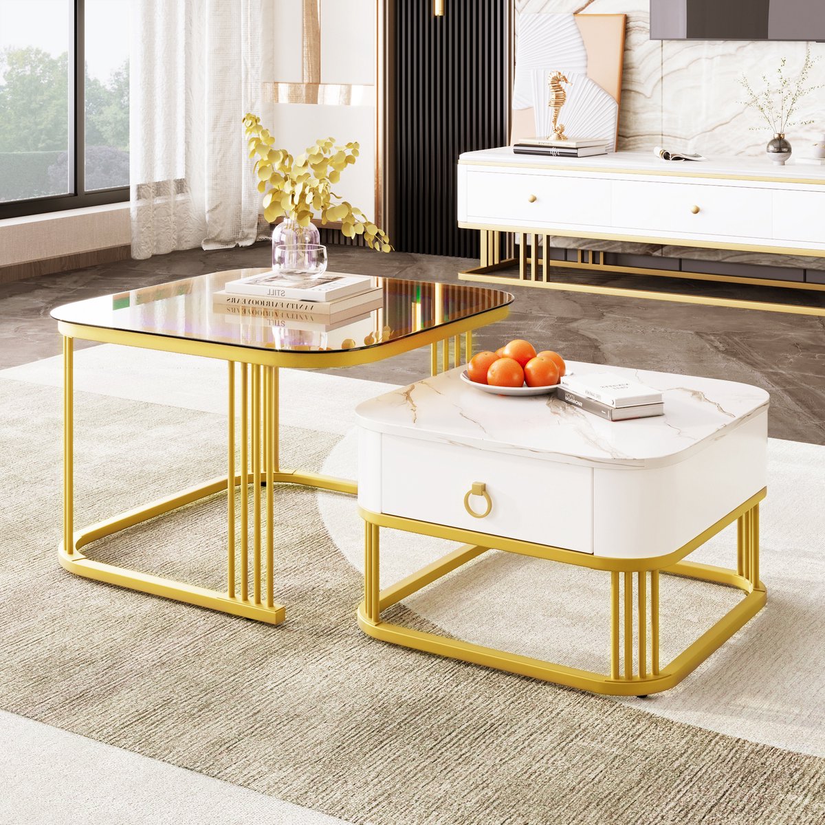 Clruro Salontafel Set - Stapelbaar - Marmerlook Theebruin Glas 2-delig - Gouden Accenten - Glas - Bruin Goud Wit