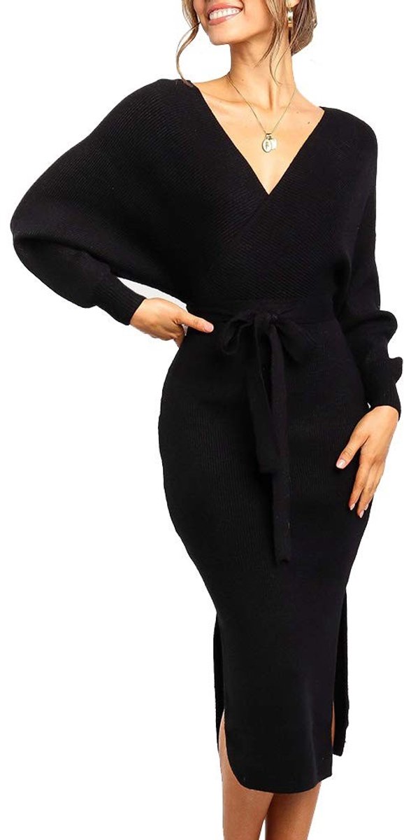 Allecto - Dames V-hals pulloverjurk - Gebreide jurk met lange mouwen - Comfortabel en warm - Perfect voor herfst en winter - Nauwsluitende jurk met...