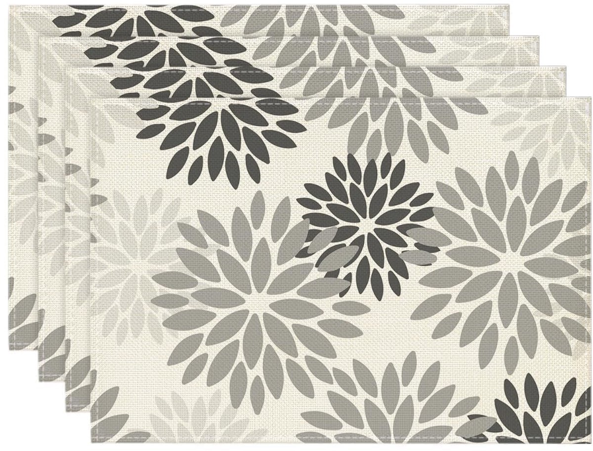 Allecto - Placemat Set - Wasbare Placemats - Grijs - Bloemen - 4 stuks - Geschikt voor Keuken - 30 x 45 cm