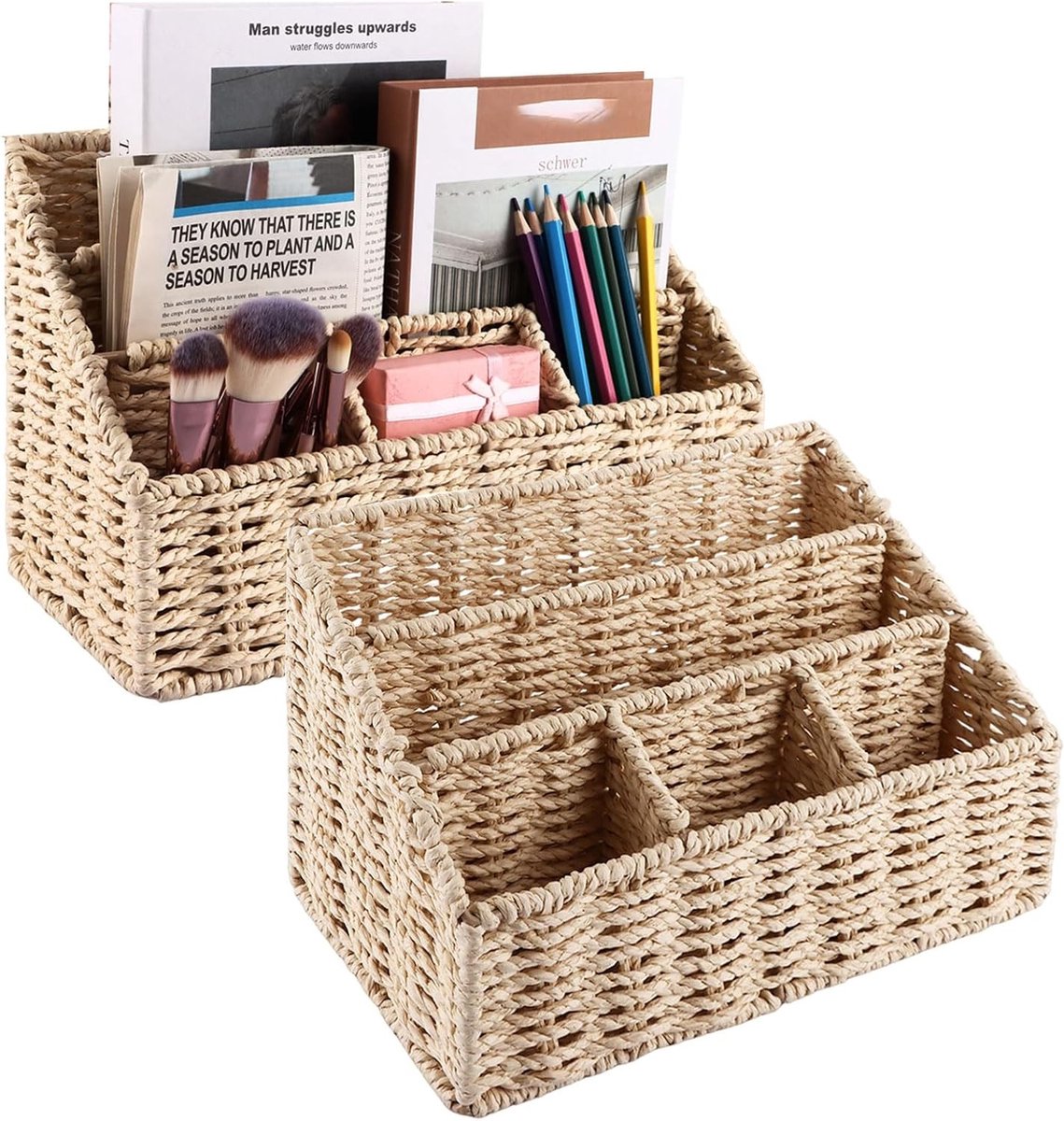 Woven Desk Organiser Set van 2, Documenthouder, Pennenbak en Briefstandaard met 5 Compartimenten voor Kantoorbenodigdheden en Notities - Ideaal voor een Opgeruimd Bureau 31.5 x 15 x 20 cm