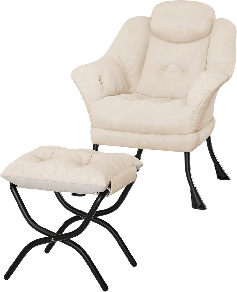 Moderne Fauteuil met Hocker - Pluche Imitatiebont - beige - Compacte Relaxstoel met Zijvak - Inclusief Voetsteun - Voor Woonkamer & Slaapkamer