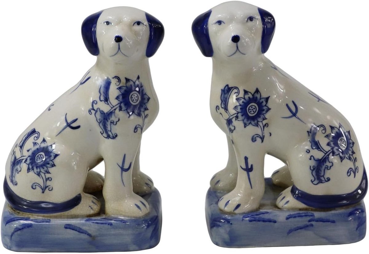 Handgeschilderde Porseleinen Hondenfiguren in Vintage Stijl - Blauw en Wit - 19 cm Hoog - Decoratie voor Thuis en Interieur