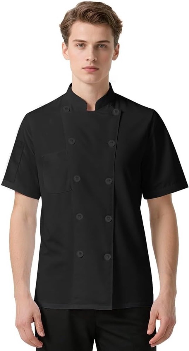 Professionele Koksjas met Korte Mouwen, Comfortabele Kookkleding met Knopen, Witte en Zwarte Keukenoutfit voor Chefs