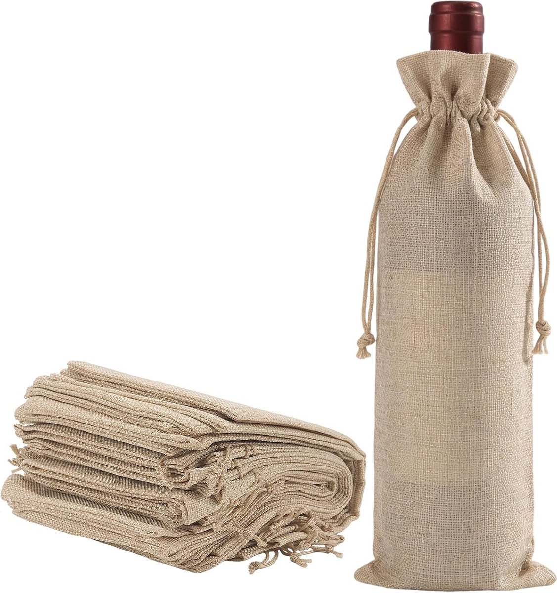 25 Stuks Jute Wijnzakken met Trekkoord - 15 x 35 cm Bruine Geschenktassen voor Bruiloft, Verjaardag en Feest