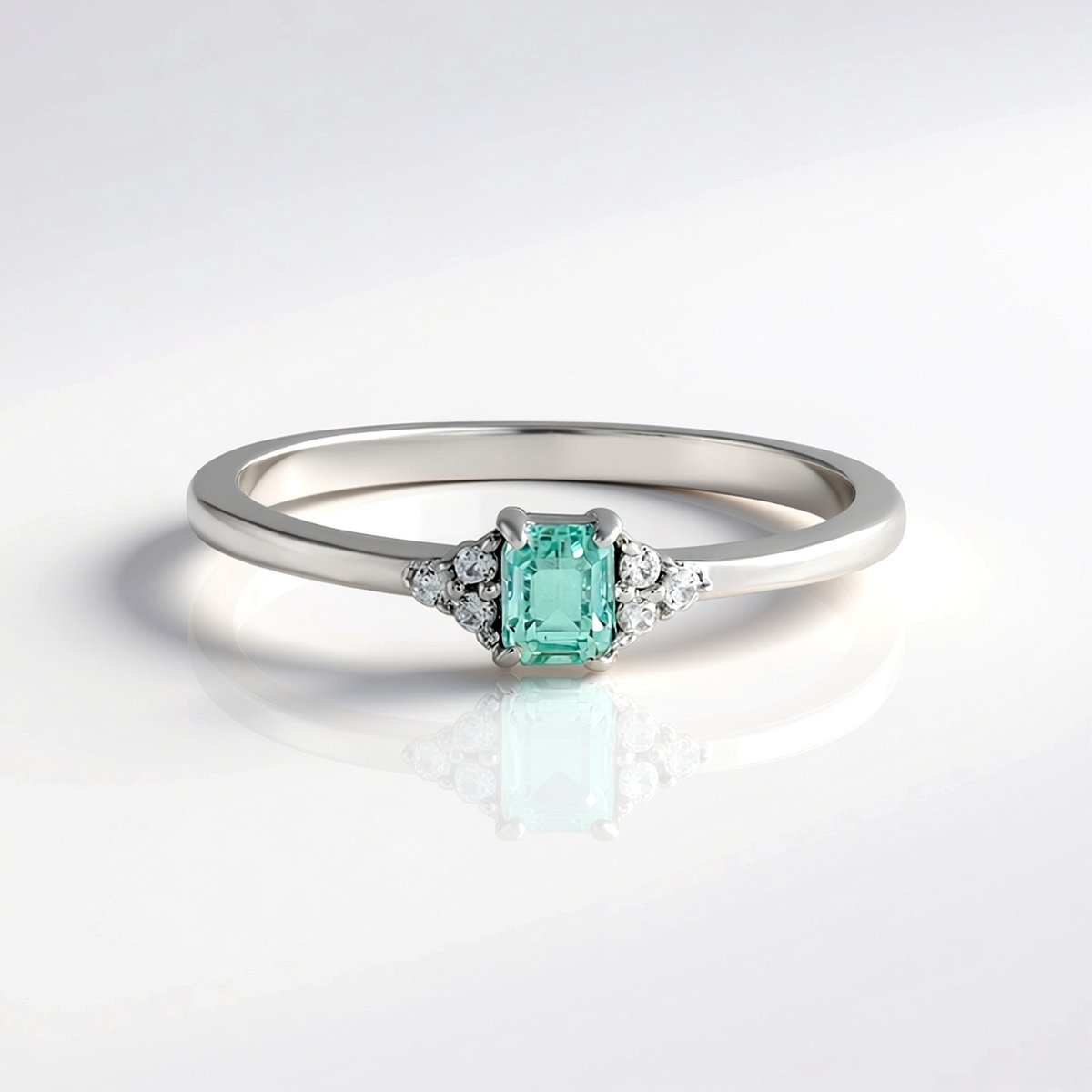 Cavill - 925 Sterling Zilver Ring - Platina Plated - Paraiba Smaragd 0,213 ct & 6 Zirkonen 0,08 ct - Elegante Mintgroen 21x19mm