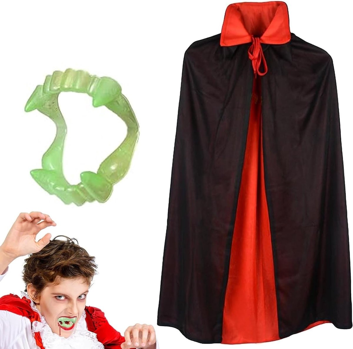 Halloween Vampier Kostuum voor Kinderen - Zwarte en Rode Omkeerbare Cape met Tanden voor Cosplay en Feestjes (90cm)