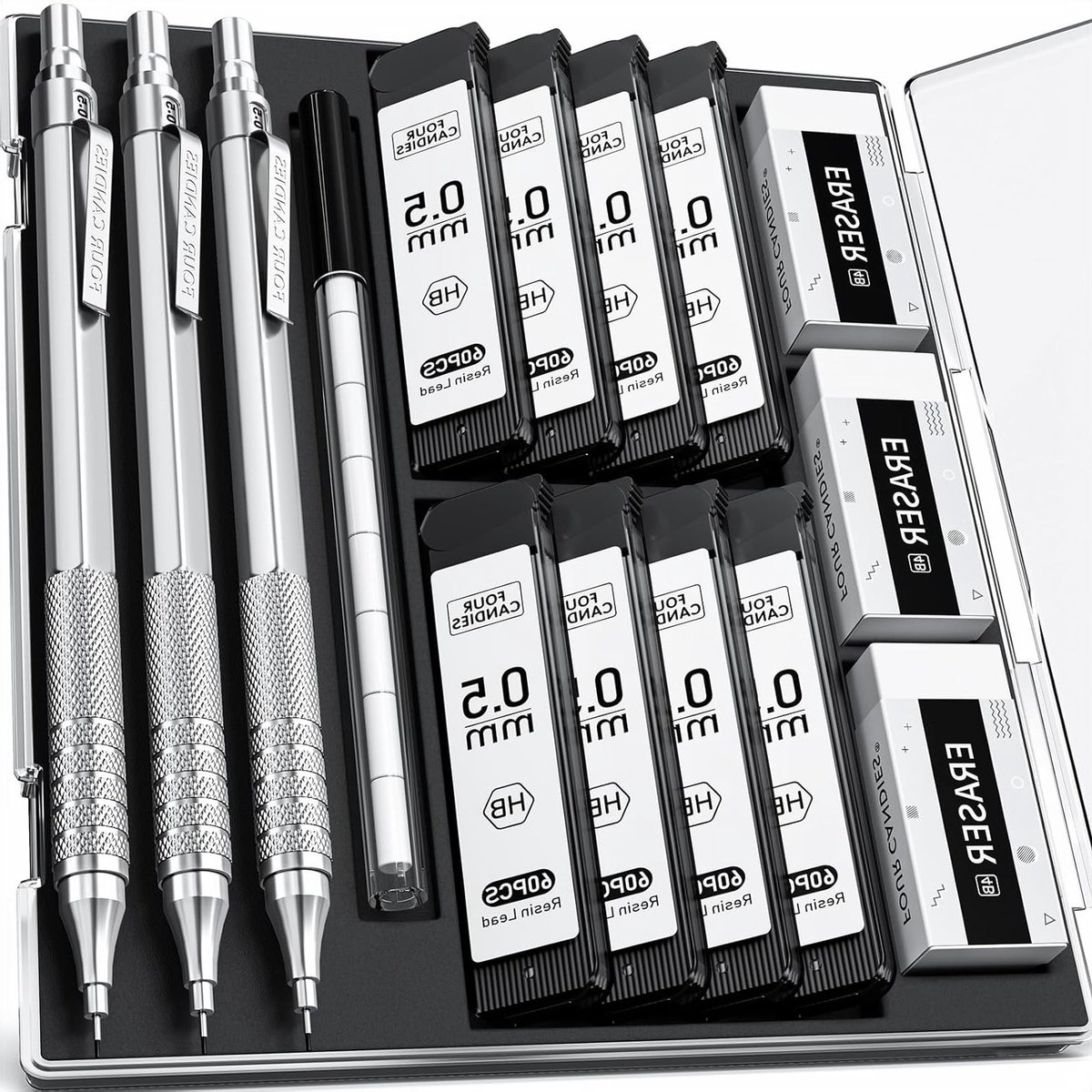 Professionele 0.5mm Potloodset met Opbergcase, Inclusief 8 Tubes HB Vullingen, 3 Gum en 9 Gum Vullingen voor Tekenen en Schrijven
