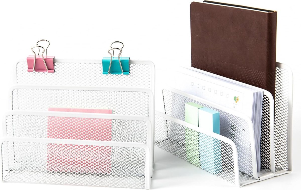 Desktop Bestanden Organizer met 3 Slots - Set van 2 Witte Metalen Briefsorters voor Efficiënte Papieren Opslag en Stacking