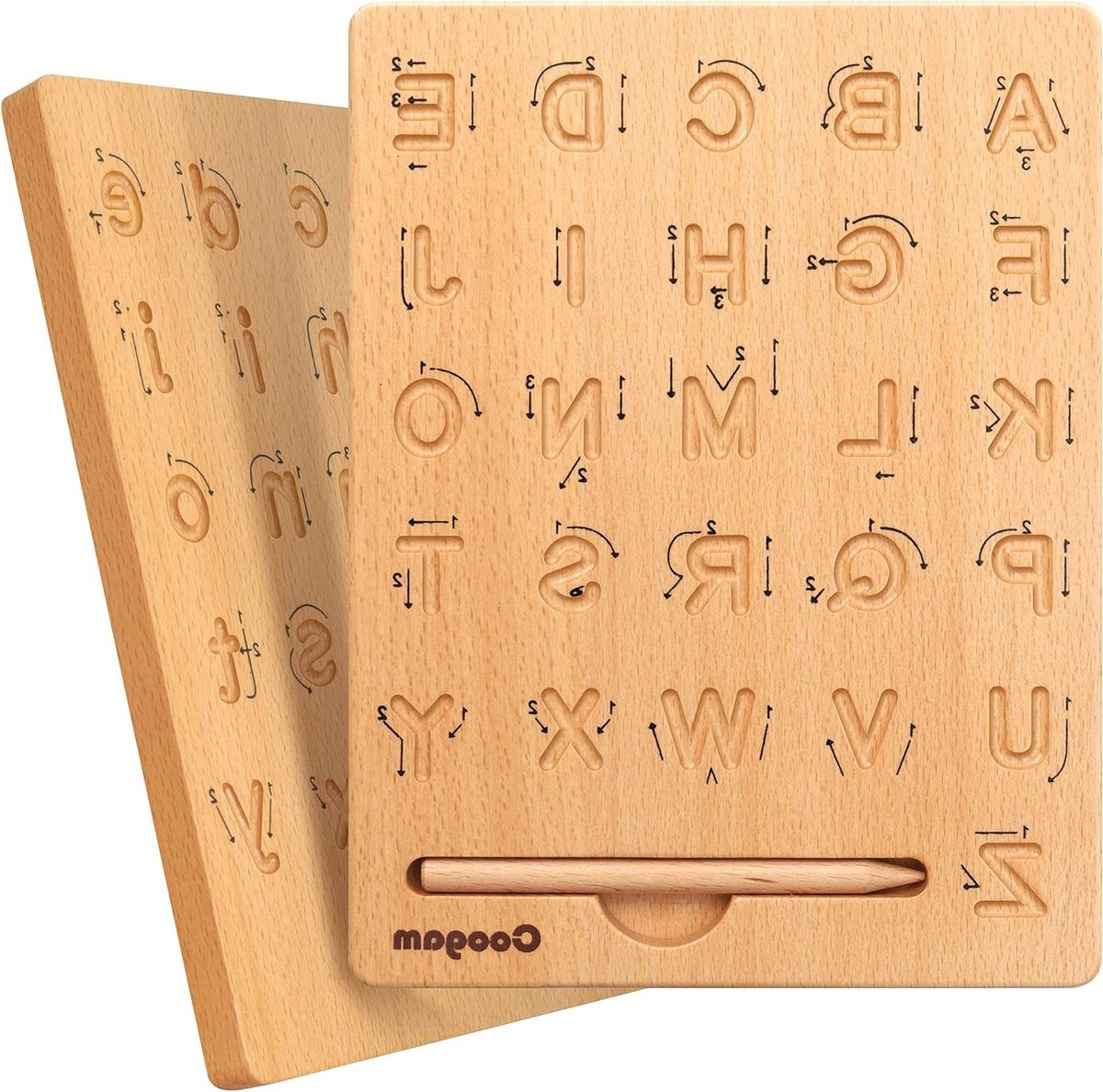 Houten letter traceerbord dubbelzijdig voor alfabet en cijfers, Montessori educatief speelgoed voor peuters en kleuters van 3 tot 5 jaar, perfect als cadeau voor vroege ontwikkeling