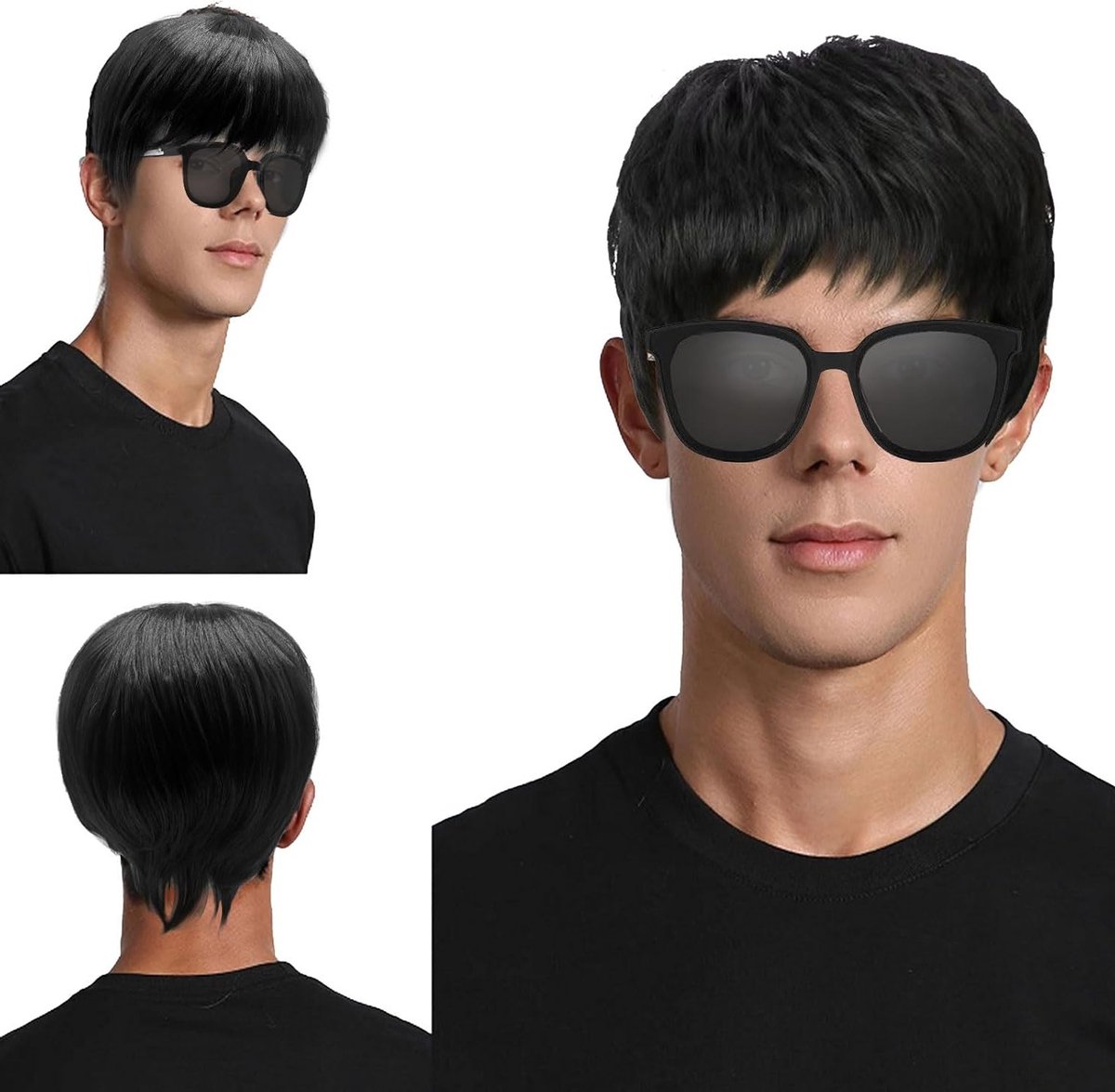 Korte Zwarte Krullende Peruk voor Mannen met Pony - Perfect voor Boyband Kostuums, 70s en 80s Disco, Halloween en Carnaval