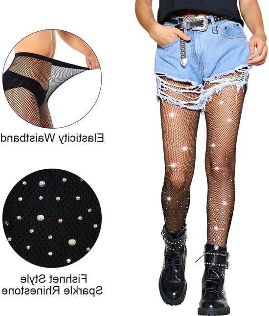 Collant Résille Pailleté avec Diamants Colorés pour Femmes, Taille Haute Sexy et Maille Fine, Parfait pour les Fêtes et les Soirées