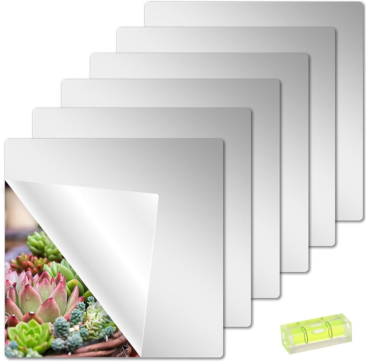 Set van 6 Zelfklevende Tegelspiegels met Waterpas, 30x30cm Flexibele Acryl Spiegelfolie voor Wanddecoratie in Woonkamer, Badkamer en Slaapkamer