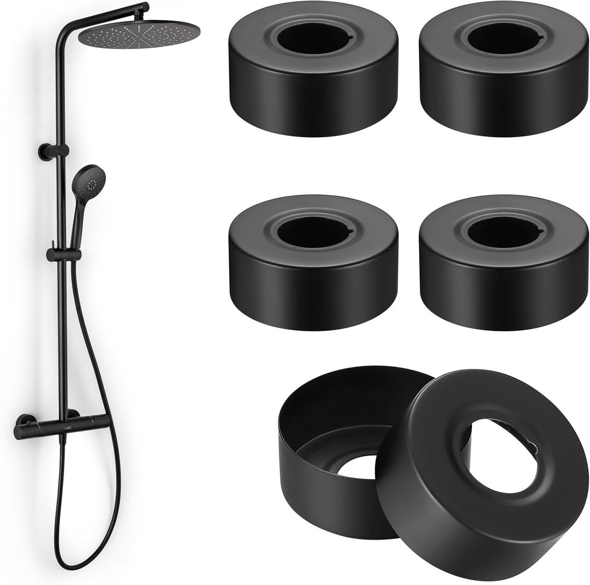 Set van 6 zwarte rozetten met roestvrijstalen buisafdekking, 25 mm diameter, voor douche, kraan en radiatorafwerking