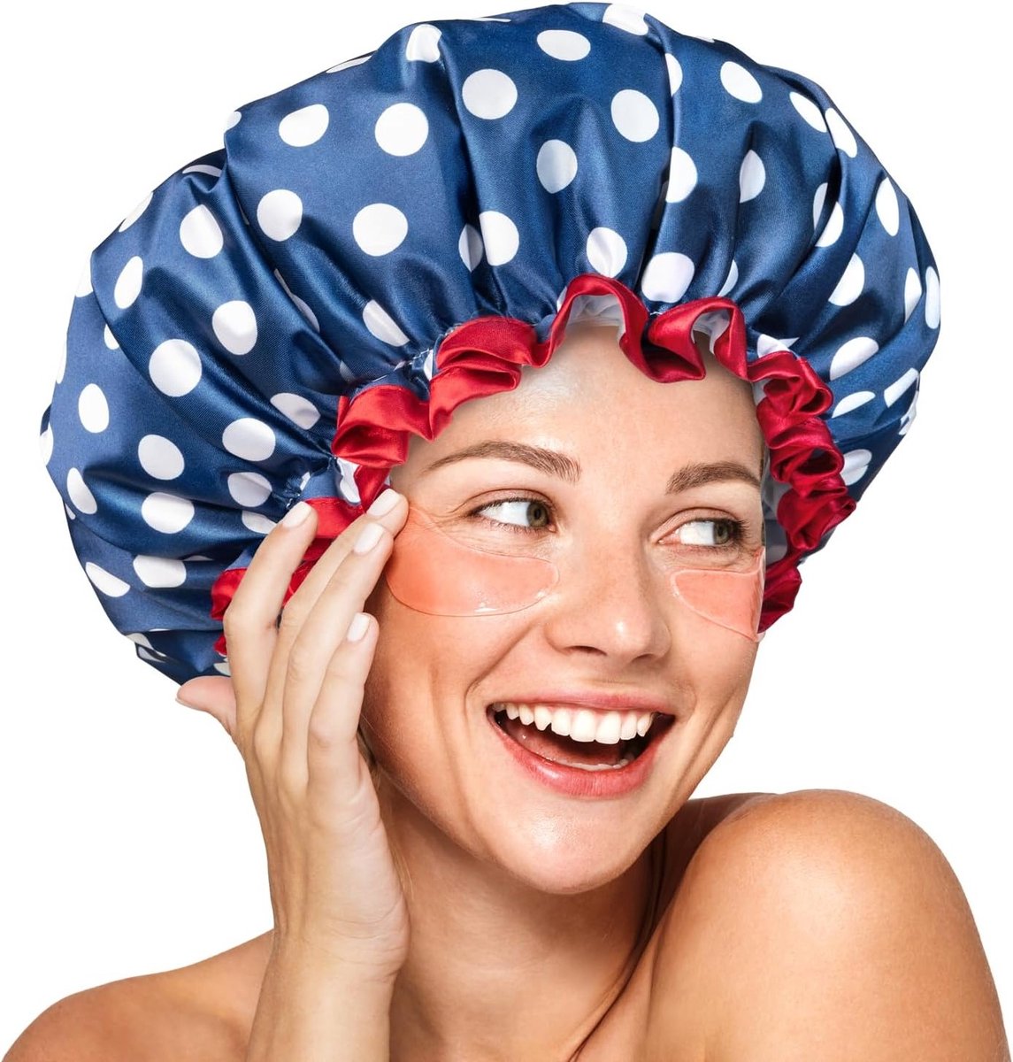 Herbruikbare waterdichte douchcap voor vrouwen, grote shower cap voor lang haar met elastische band, dubbele laag haarcap met klassieke stippenprint voor dik haar en vlechten
