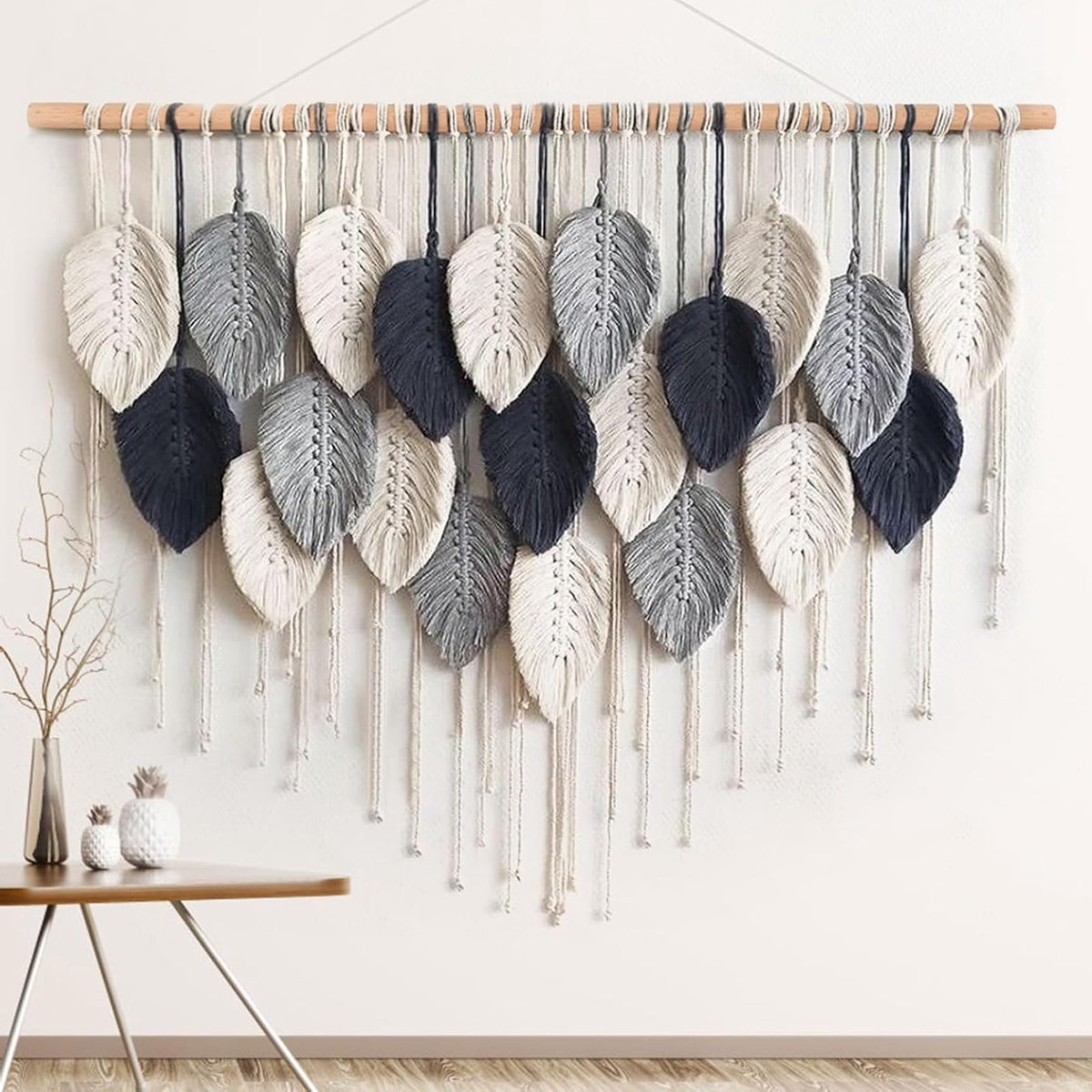 Grote Boho Macramé Wandtapijt met Handgemaakte Kwastjes en Bladmotief voor Slaapkamer, Woonkamer en Galerijdecoratie