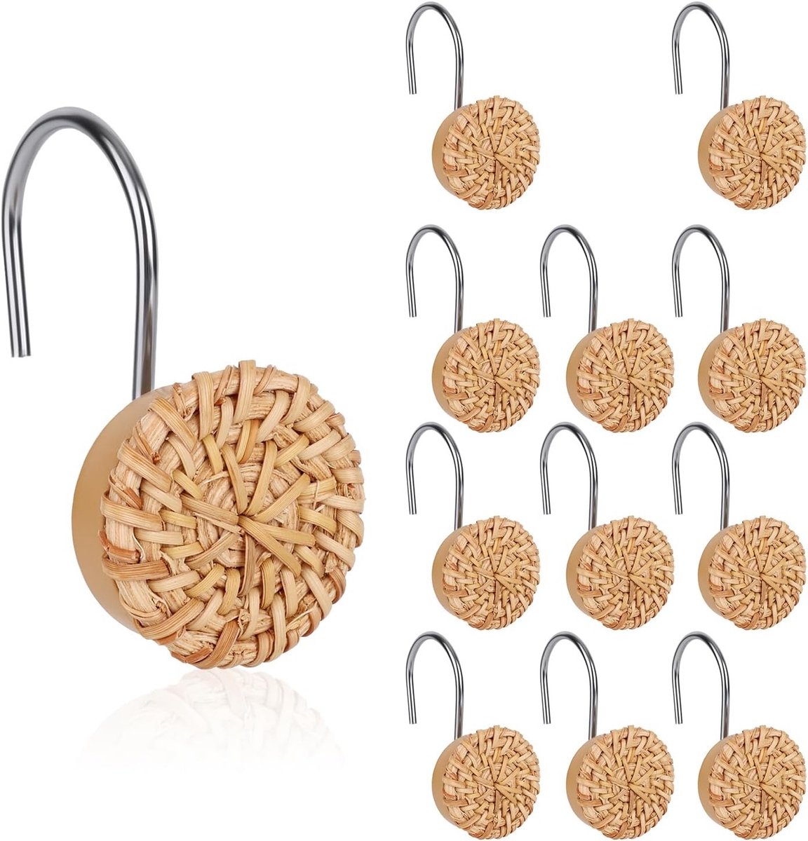 12 Stuks Boho Douchegordijn Haakjes van Woven Rattan, Decoratieve Ringen voor Badkamer, Landelijke en Kuststijl Accessoires voor Standaard Stang
