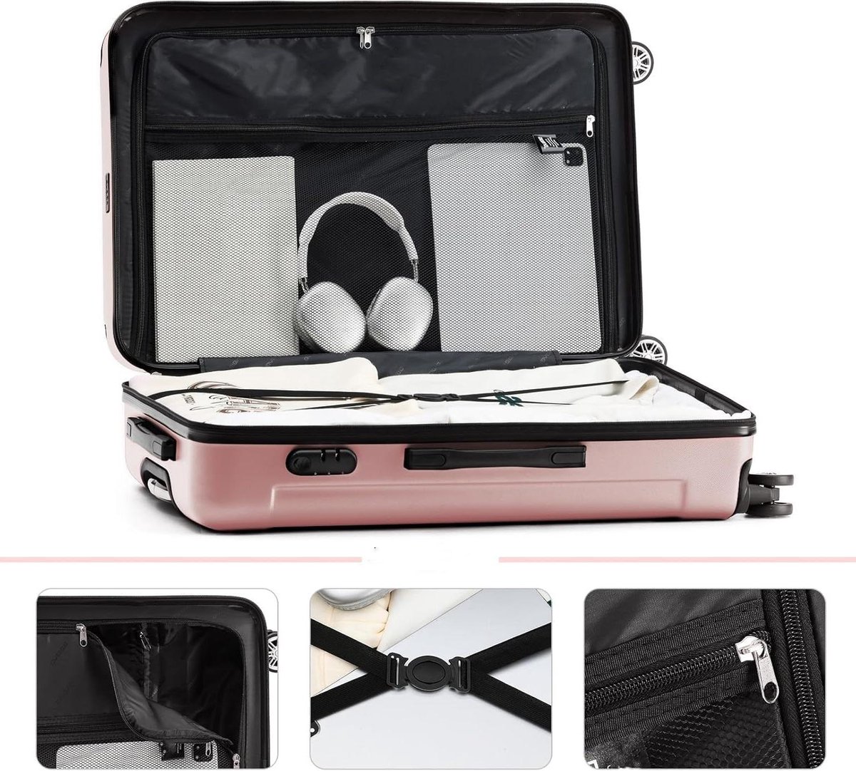 Kofferset 3 Stuks - Reiskoffers Trolley - Zakenreizen Vakanties - Lichtgewicht ABS Materiaal - 55/66/76 cm - Rosé Goud