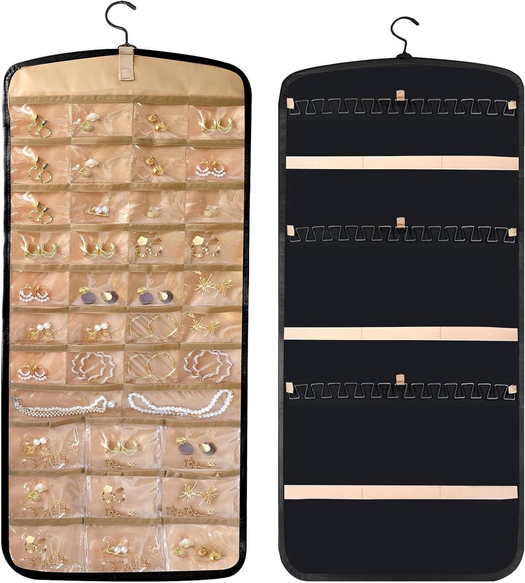 Hanging Jewelry Organizer - Sieraden Opberger - Sieraden Opbergen - Dubbelzijdig met Haken - 82cm x 36cm - Zwart