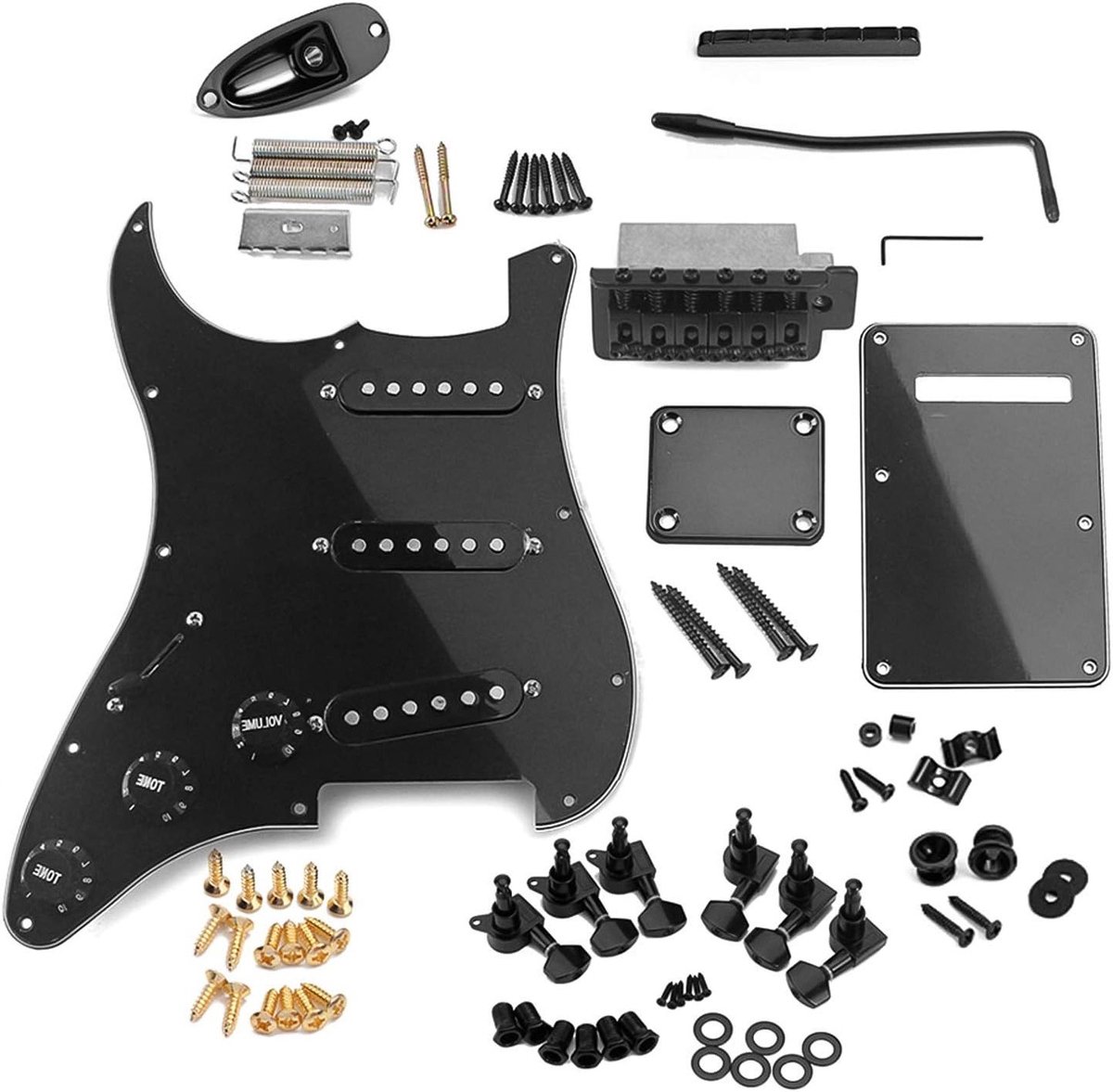 Volledige DIY Accessoire Set voor Elektrische Gitaar met Vooraf Gebreide Pickguard, SSS Pickups en Volume- en Toonregeling voor 6-Snarige Gitaren (Zwart)