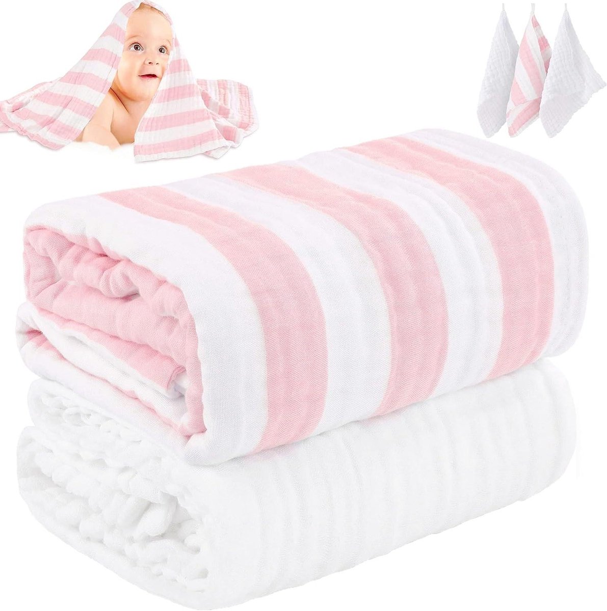 Muslin Baby Handdoeken - Baby Wasdoekjes - Baby Verzorgen - 6 Lagen Katoen - 43x43 Inch - Roze Gestreept