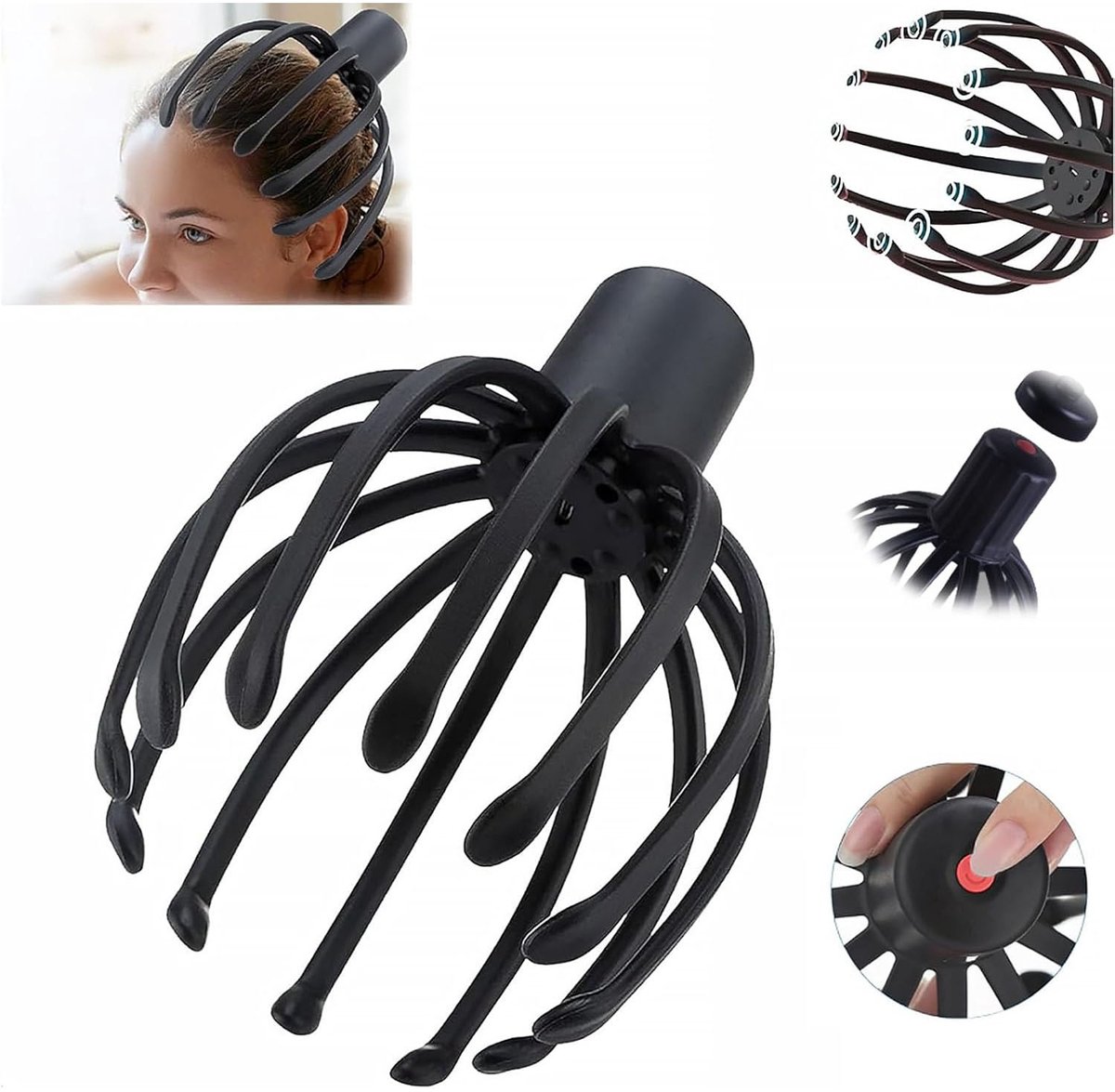 Elektrische Hoofdmassasjeapparaat Oplaadbaar – Octopus Hoofdmassage met Meerdere Massagepoten – Draadloze USB-C Hoofdhuid Massager Zwart