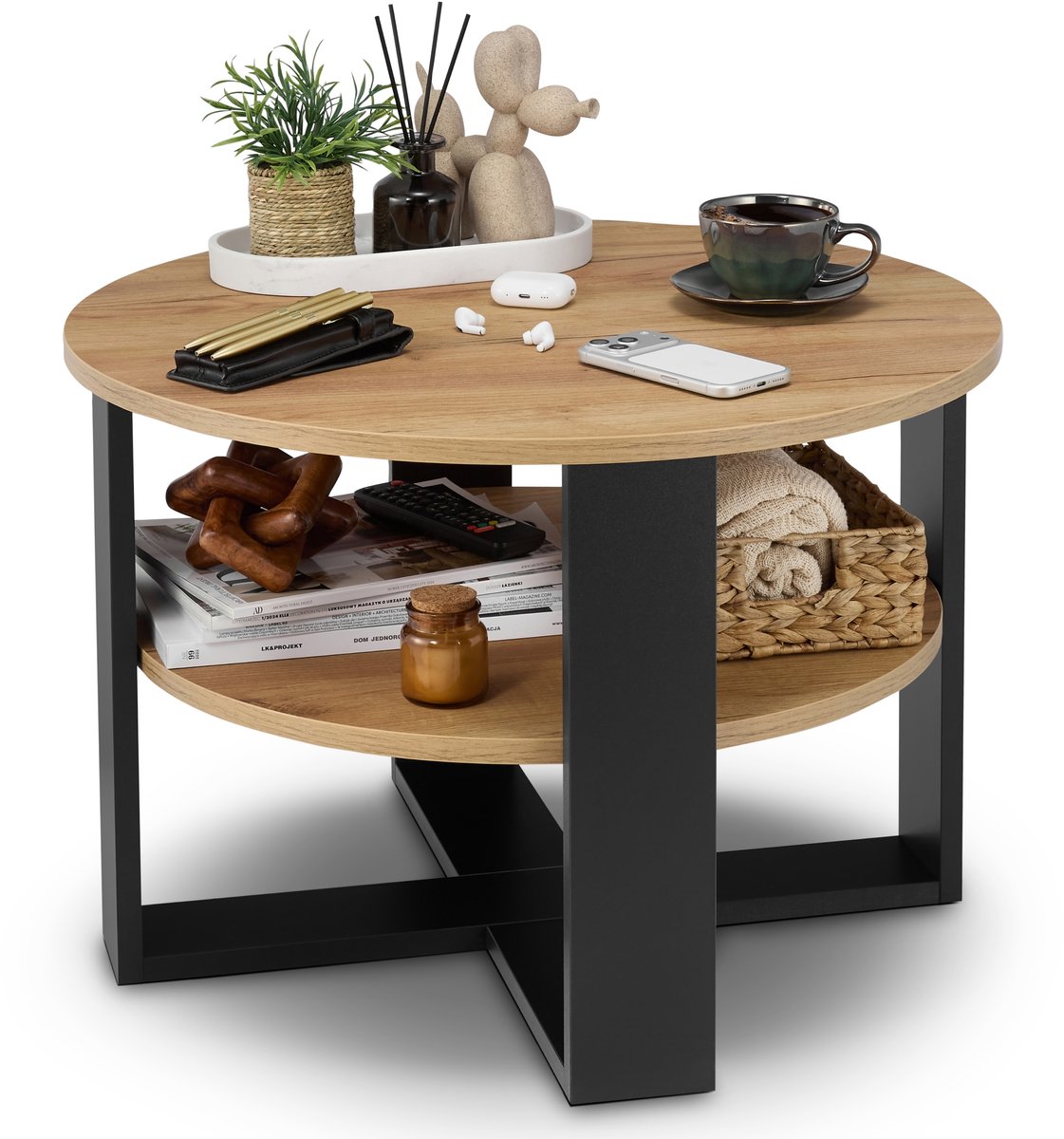 defiPad Ronde Salontafel - Salontafels - Groot Ø70 cm met plank, industrieel, loftstijl, Zwart + Eiken Craf