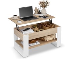 defiPad Salontafel met opklapbaar blad, plank en opbergruimte - Industrieel, Loftstijl - Wit + Sonoma Eiken