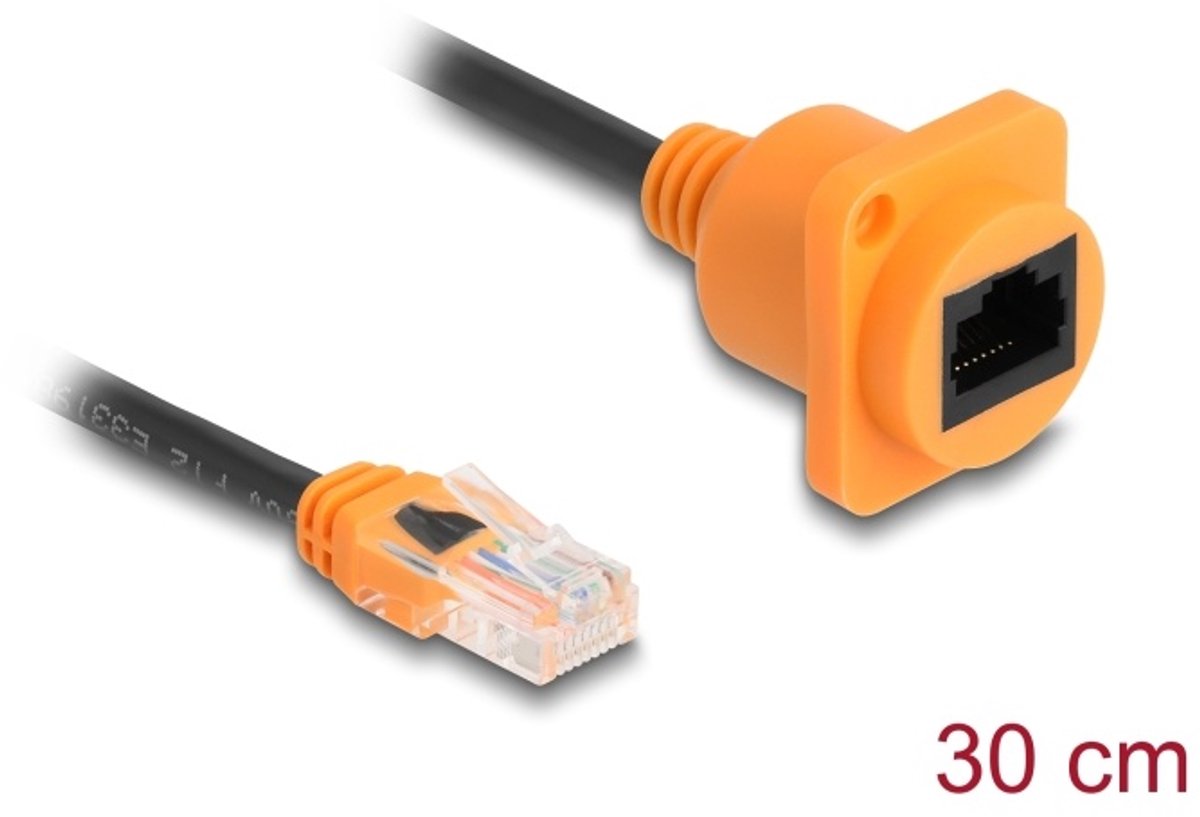 Delock D-Type RJ45 cable plug to jack Cat.5e UTP orange / black 30 cm