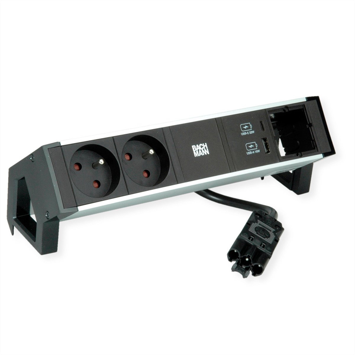 BACHMANN DESK2 ALU ZWART 2xUTE 1xCM 1xUSB A/C 22W 0,2m GST18