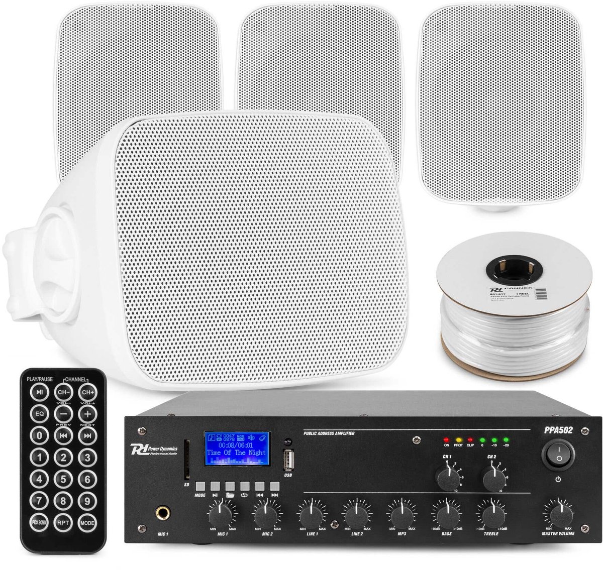 Power Dynamics set van 4 buiten speakers - 2-zone versterker met mini speakers - Bluetooth - Wit