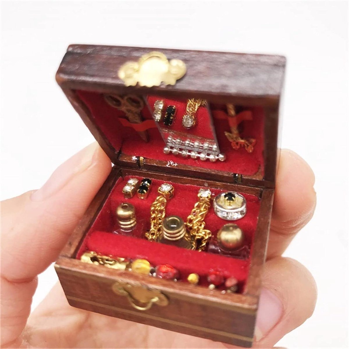 1 Piece 1:12 Miniature Dollhouse Jewelry Box Display Case Wood Ladies Makeup Set, Vintage Mahogany Furniture Accessories for Toys Adults Kids Gifts
